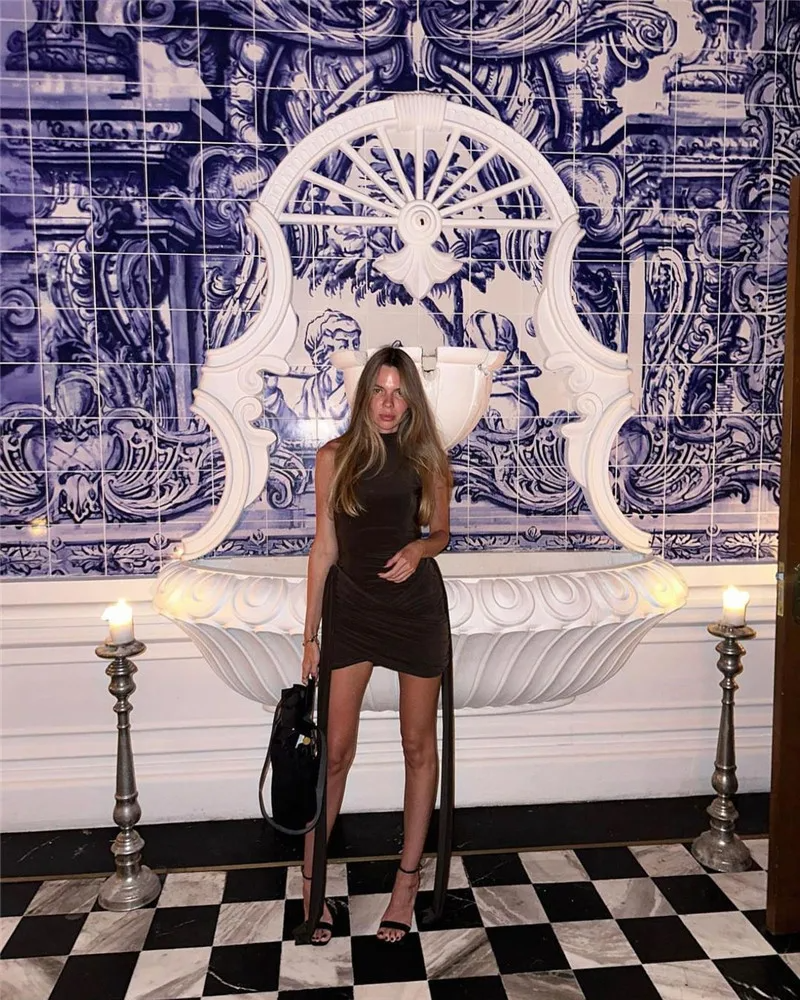 Mozision Ruched Sleeveless Turtleneck Mini Dress