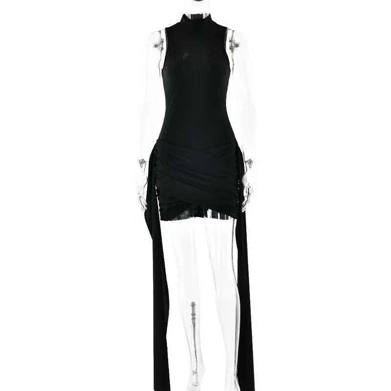 Mozision Ruched Sleeveless Turtleneck Mini Dress