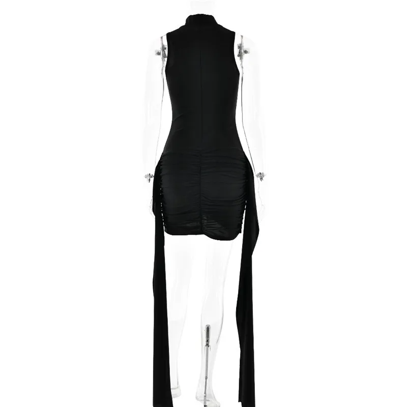 Mozision Ruched Sleeveless Turtleneck Mini Dress